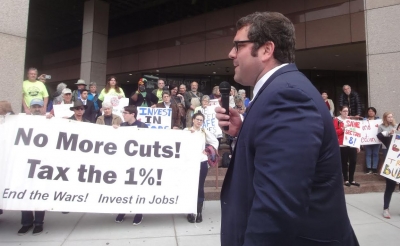 State Rep. Mike Connolly addresses the May 31 gathering at the O&rsquo;Neill Federal Building in Boston